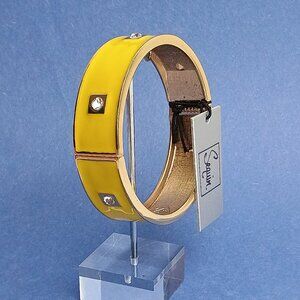 Retro Rhinestone Enamel Cuff Hinge Bangle Bracelet Clamper Yellow Gold Tone Casl